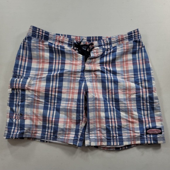 Vineyard Vines Swim Shorts Mens 34 Blue Red‎ Plaid Pockets Beach Trunks - Picture 2 of 7